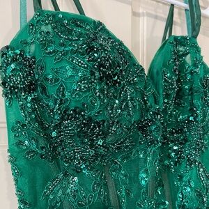 Beautiful “True” Emerald green shimmer satin slit dress